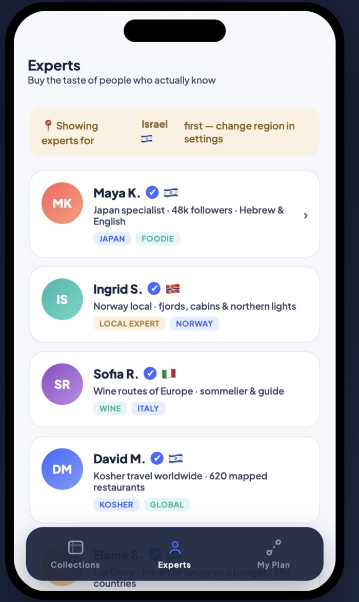 Planitum Experts tab showing verified local experts filtered by region